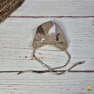 Gyerek megkötős bélelt, téli sapi - Barna dino (0-6 hó)